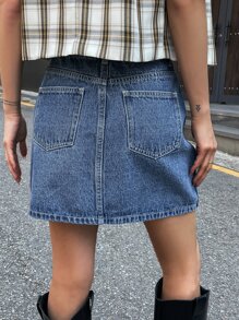 DAZY Slant Pockets Straight Denim Skirt Jeans Skirt - Medium Wash - View 4