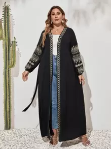 Al Najma Plus Embroidery Belted Modest Long Sleeve Abaya - Black - View 1