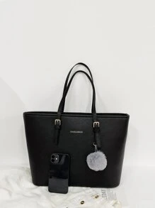 Pom Pom Decor Tote Bag - Black - View 2