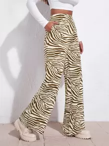 SHEIN MOOSTA 高腰斑馬紋條紋寬腿褲子 - 彩色 - 查看 1