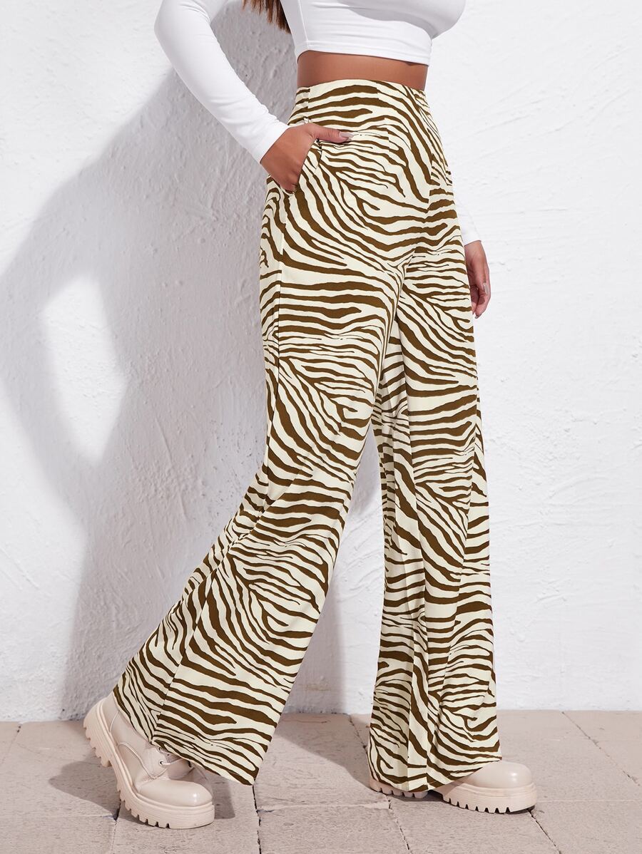 SHEIN MOOSTA 高腰斑馬紋條紋寬腿褲子 - 彩色 - 查看 1