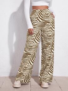 SHEIN MOOSTA 高腰斑馬紋條紋寬腿褲子 - 彩色 - 查看 3