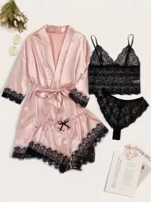 4pack Floral Lace Lingerie Set With Satin Belted Robe - Baby Pink - View 1