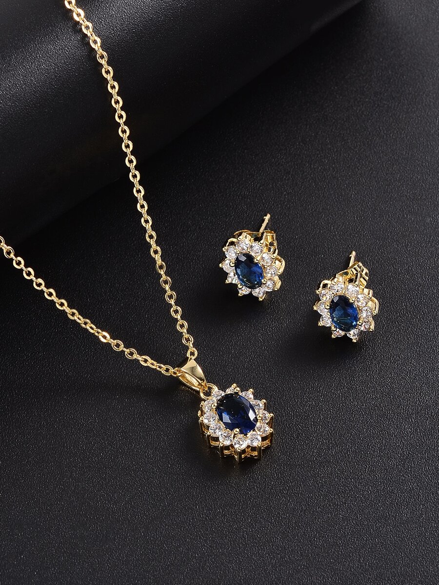 3件套精美个性化蓝色立方氧化锆镶嵌吊坠项链，1副耳环，1对耳钉 - 彩色 - 查看 1