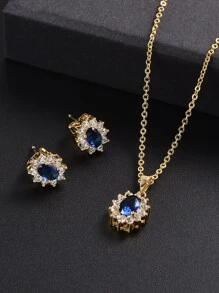 3件套精美个性化蓝色立方氧化锆镶嵌吊坠项链，1副耳环，1对耳钉 - 彩色 - 查看 4