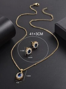 3件套精美个性化蓝色立方氧化锆镶嵌吊坠项链，1副耳环，1对耳钉 - 彩色 - 查看 5