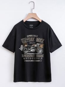 INAWLY Motorcycle And Letter Graphic Tee - Black - View 1