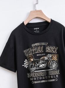 INAWLY Motorcycle And Letter Graphic Tee - Black - View 3