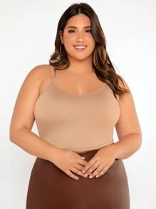 SHEIN BASICS 大碼大圓領吊帶短上衣 - 杏色 - 查看 1