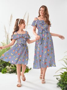 Mulvari Fruit & Striped Print Cold Shoulder Belted Dress - Multicolor - View 2