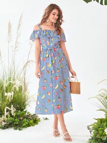 Mulvari Fruit & Striped Print Cold Shoulder Belted Dress - Multicolor - View 1
