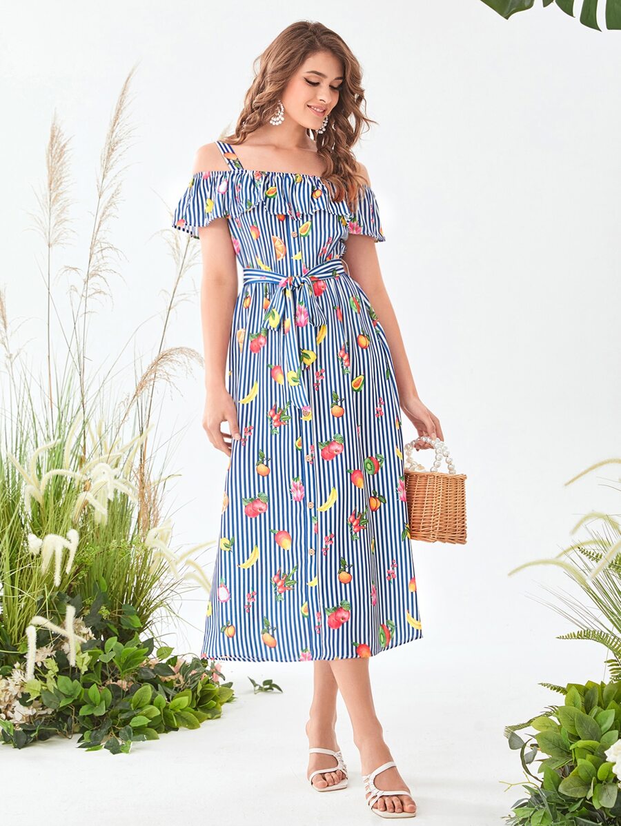 Mulvari Fruit & Striped Print Cold Shoulder Belted Dress - Multicolor - View 1