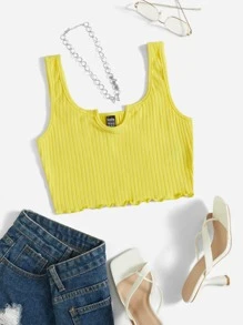 SHEIN EZwear Neon Yellow Notched Neck Rib-knit Crop Tank Top - Yellow - View 1