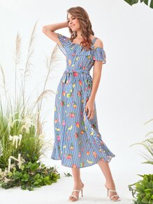 Mulvari Fruit & Striped Print Cold Shoulder Belted Dress - Multicolor - View 5
