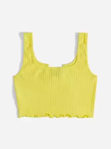 SHEIN EZwear Neon Yellow Notched Neck Rib-knit Crop Tank Top - Yellow - View 2
