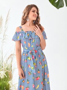 Mulvari Fruit & Striped Print Cold Shoulder Belted Dress - Multicolor - View 6