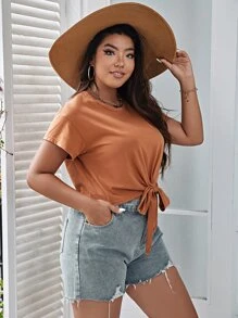 SHEIN Unity 大碼蝙蝠袖下擺打結T恤 - 駝色 - 查看 4