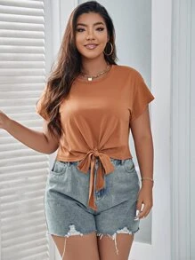 SHEIN Unity 大碼蝙蝠袖下擺打結T恤 - 駝色 - 查看 5