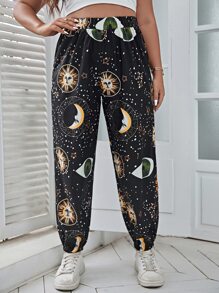 Flirla Plus Sun & Moon Print Pants - Black - View 5