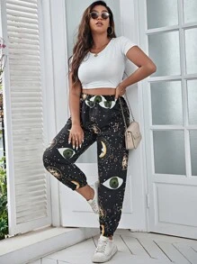 Flirla Plus Sun & Moon Print Pants - Black - View 3