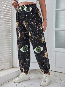 Flirla Plus Sun & Moon Print Pants - Black - View 1