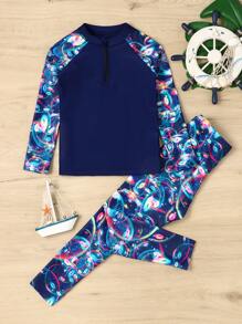 Young Girl Random Bubble Print Zipper Front Rashguard Summer Beach - Multicolor - View 1