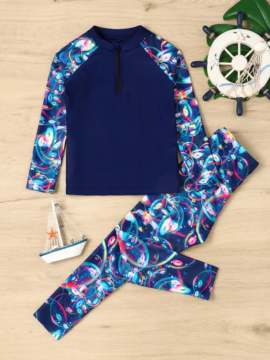 Young Girl Random Bubble Print Zipper Front Rashguard Summer Beach - Multicolor - View 1