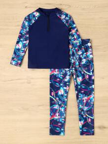 Young Girl Random Bubble Print Zipper Front Rashguard Summer Beach - Multicolor - View 3