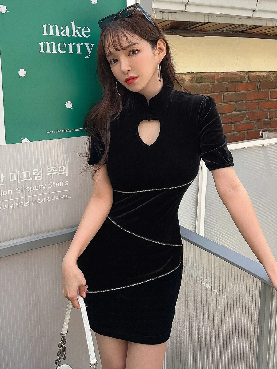 DAZY Mandarin Collar Heart Cut Out Rhinestone Dress - Black - View 1