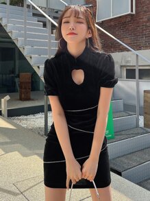 DAZY Mandarin Collar Heart Cut Out Rhinestone Dress - Black - View 2