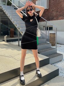 DAZY Mandarin Collar Heart Cut Out Rhinestone Dress - Black - View 3