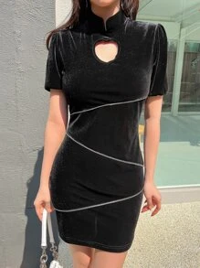 DAZY Mandarin Collar Heart Cut Out Rhinestone Dress - Black - View 5