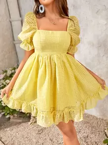 Soleia 1入組方領泡泡袖荷葉邊連衣裙 - 黃色 - 查看 1