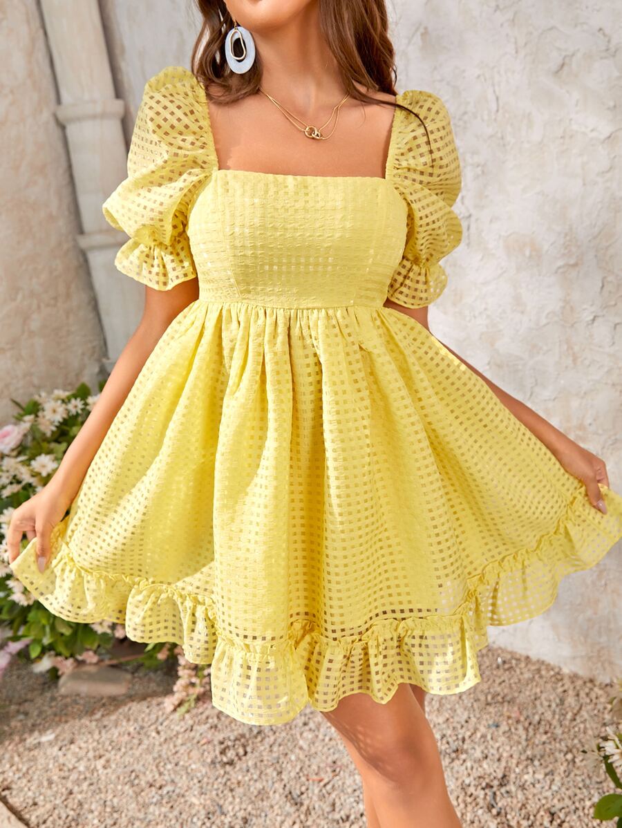 Soleia 1入組方領泡泡袖荷葉邊連衣裙 - 黃色 - 查看 1