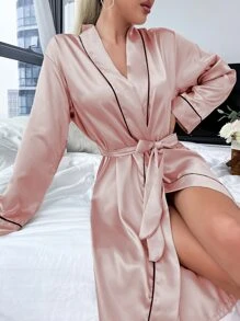 Bata de dormir ribete en contraste con cinturón de satén - Rosa Pálido - Ver 4