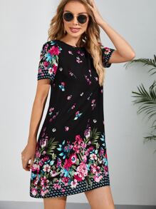 EMERY ROSE 印花泡泡袖後鎖孔直筒洋裝 - 彩色 - 查看 1