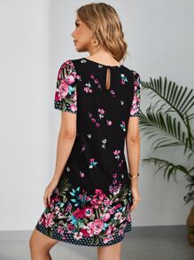 EMERY ROSE 印花泡泡袖後鎖孔直筒洋裝 - 彩色 - 查看 2