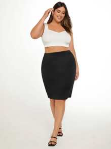 SHEIN Privé Váy Plus Size Chia màu trơn Thanh lịch - màu đen - Xem 4