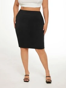 SHEIN Privé Váy Plus Size Chia màu trơn Thanh lịch - màu đen - Xem 5