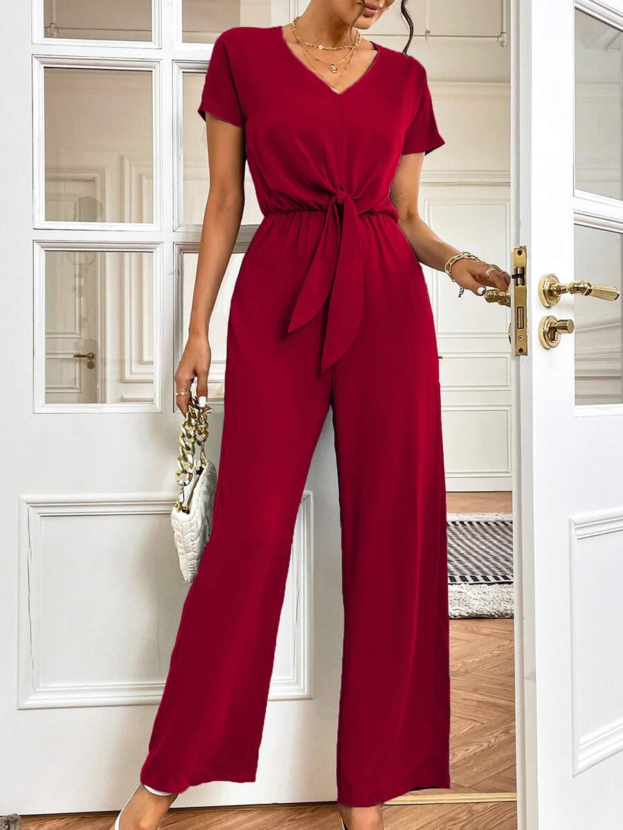 SHEIN Clasi Jumpsuit con cordón delantero fruncido - Burdeos - Ver 1