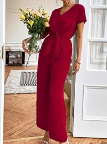 SHEIN Clasi Jumpsuit con cordón delantero fruncido - Burdeos - Ver 3
