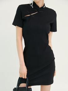 DAZY Frog Button Mandarin Collar Notched Hem Dress - Black - View 6