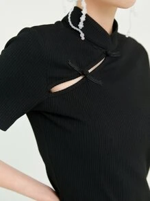 DAZY Frog Button Mandarin Collar Notched Hem Dress - Black - View 7