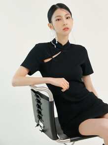 DAZY Frog Button Mandarin Collar Notched Hem Dress - Black - View 8