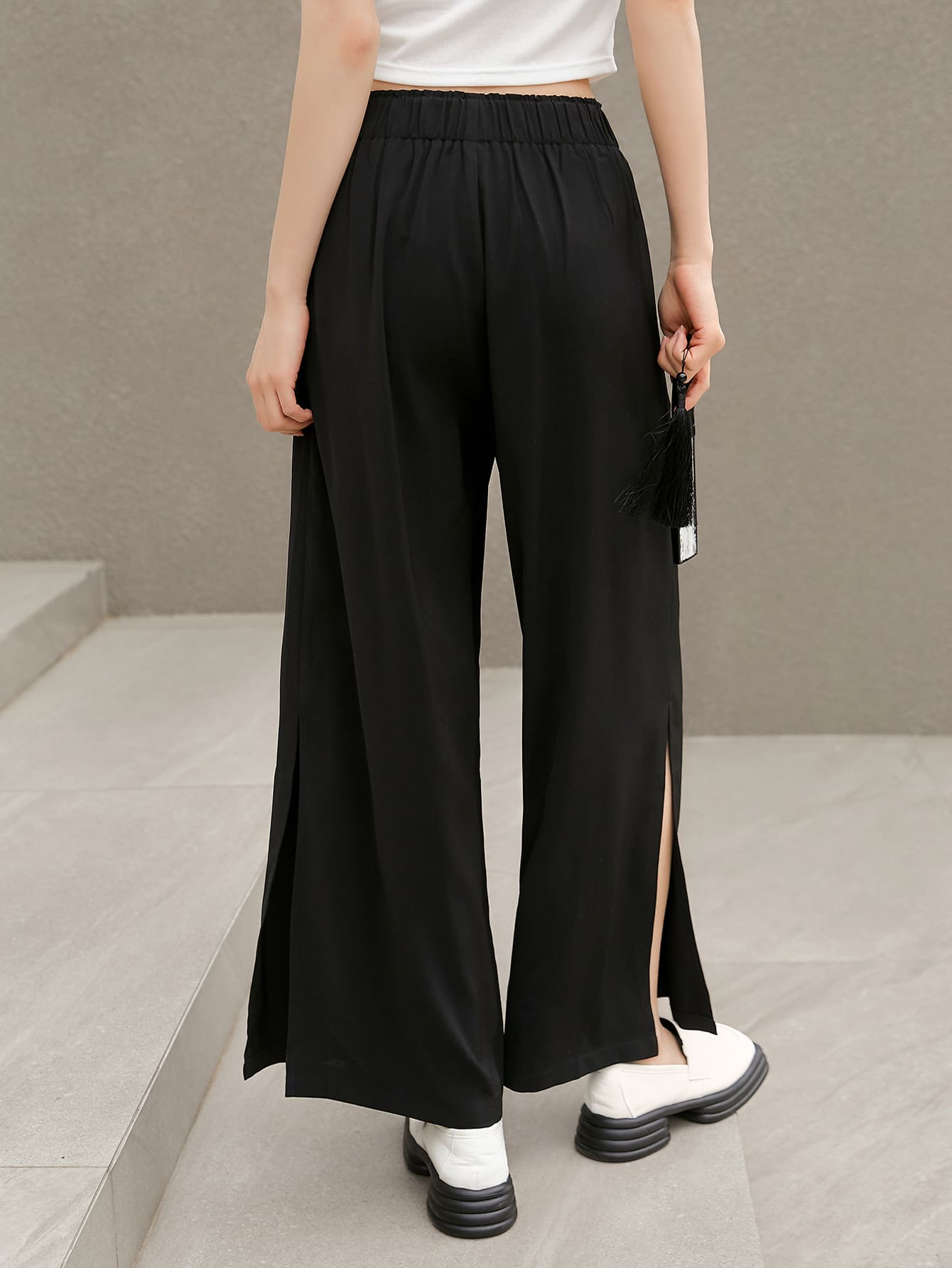 High Waist Split Thigh Wide Leg Pants