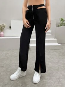 Cut Out Waist Split Hem Flare Leg Trousers - Black - View 3