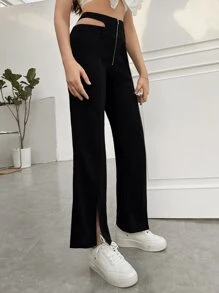 Cut Out Waist Split Hem Flare Leg Trousers - Black - View 4