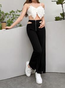 Cut Out Waist Split Hem Flare Leg Trousers - Black - View 5