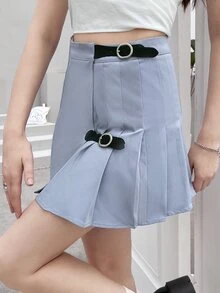 Buckle Detail Pleated Skirt - Dusty Blue - View 1