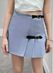 Buckle Detail Pleated Skirt - Dusty Blue - View 3